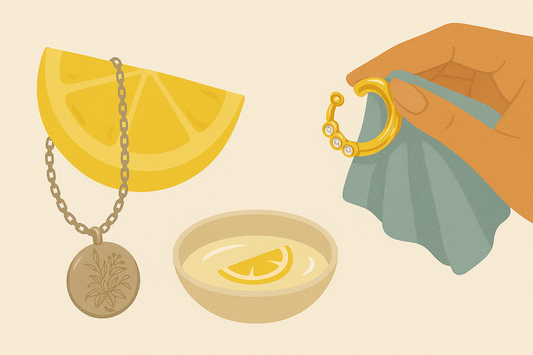 A digital illustration of silver jewellery being gently cleaned with a soft cloth, highlighting care and maintenance to prevent tarnish and blackening.