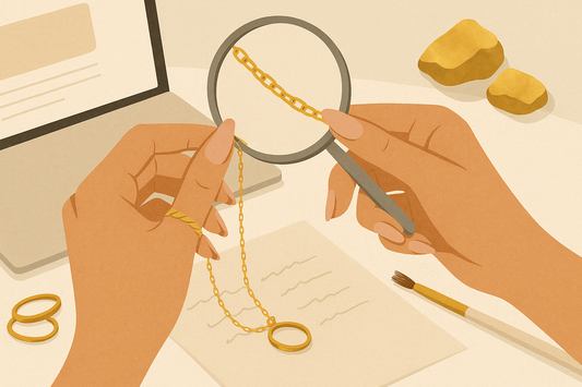 Illustration of a woman’s hands examining a gold chain with a magnifying glass, surrounded by raw gold nuggets, stacked rings, a laptop, and a repair brush — symbolizing awareness around jewellery materials and authenticity.