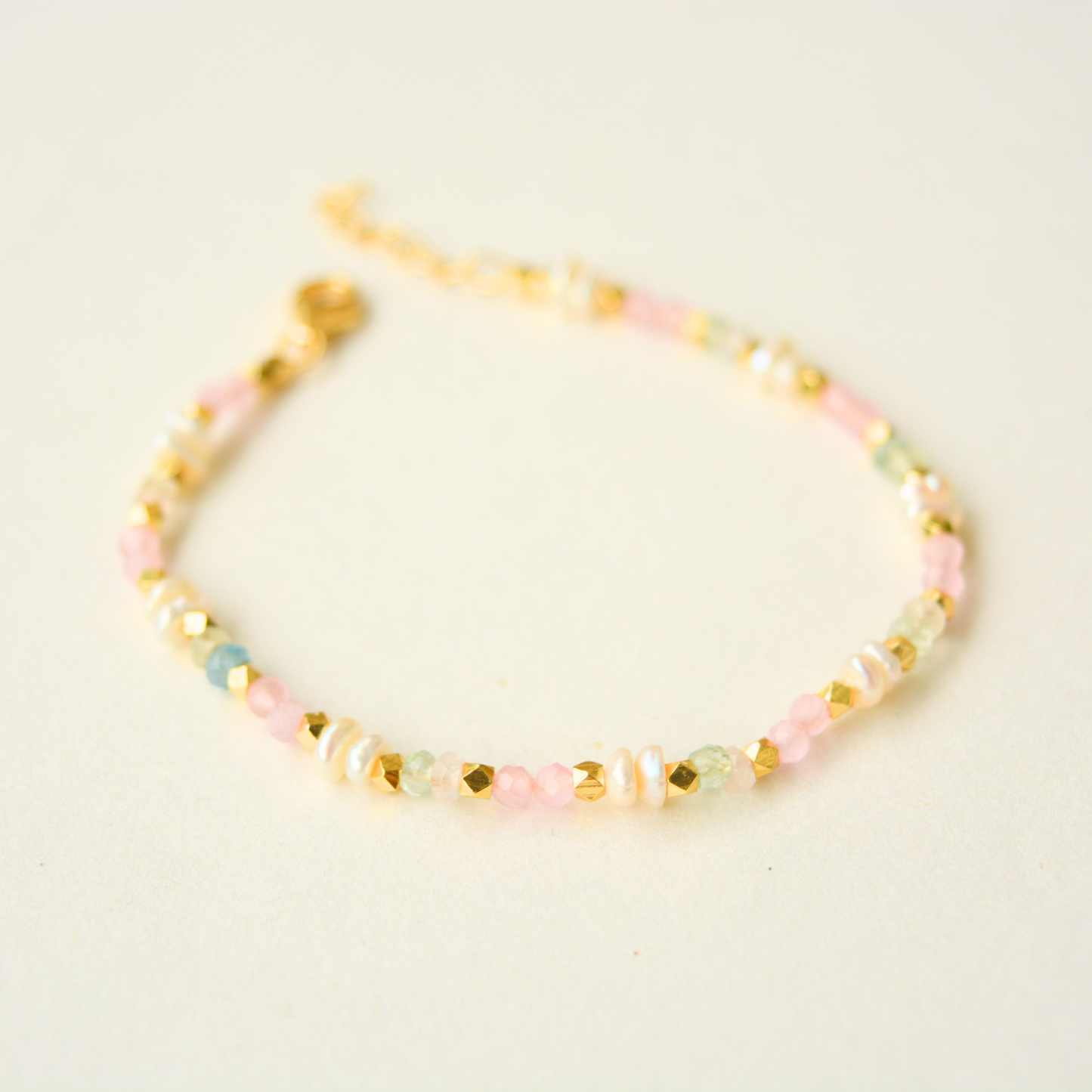 Pastel glow bracelet with rose quartz, pearl, and aqua beads in 925 silver