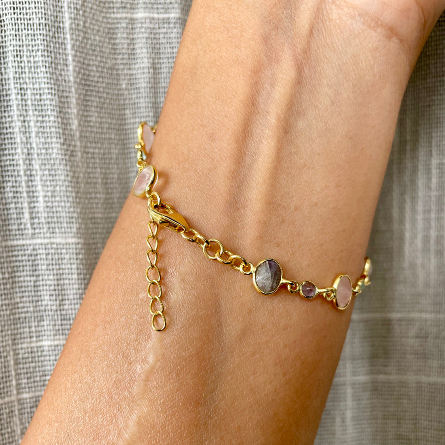 Adjustable pastel-hued silver bracelet with natural faceted gemstones