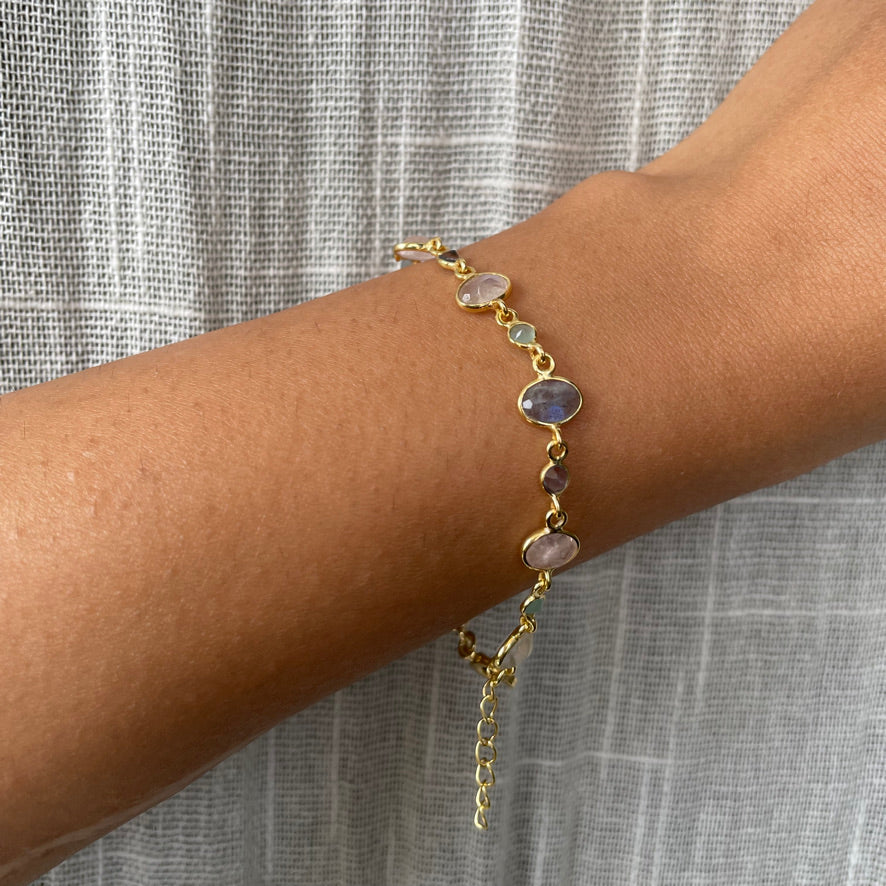 Adjustable pastel-hued silver bracelet with natural faceted gemstones