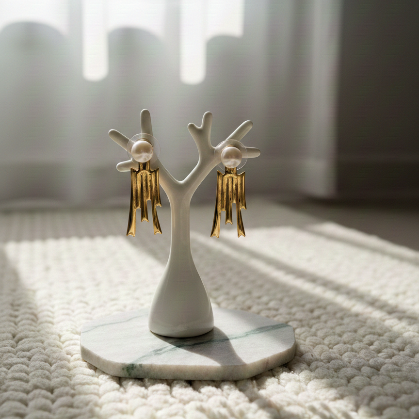 Pearl Flow Earring featuring a pearl stud with cascading gold bar dangles, displayed on a white jewelry stand over a marble base in soft natural window light.