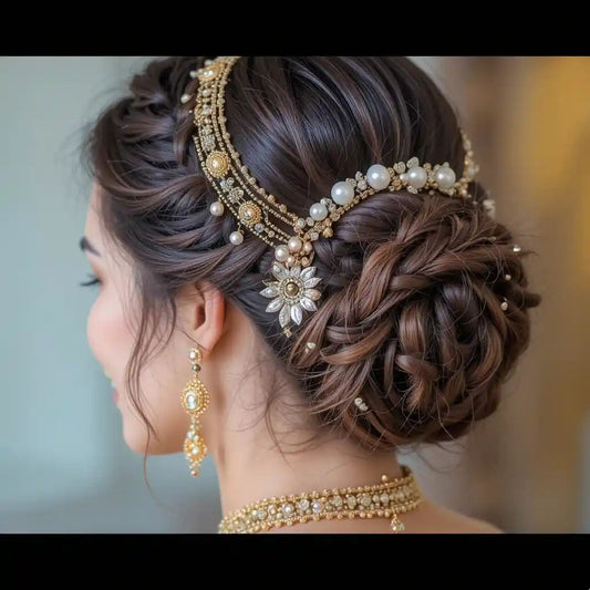 Minimal festive hairstyle with simple braid and hair accessories