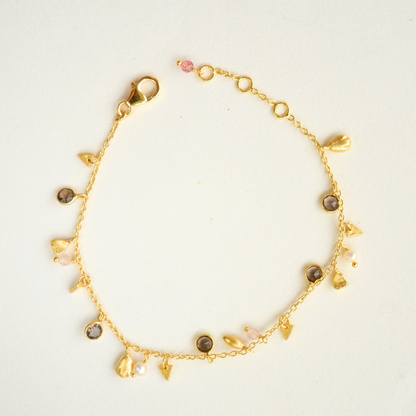 925 silver pebble charm bracelet with smoky quartz and pearls