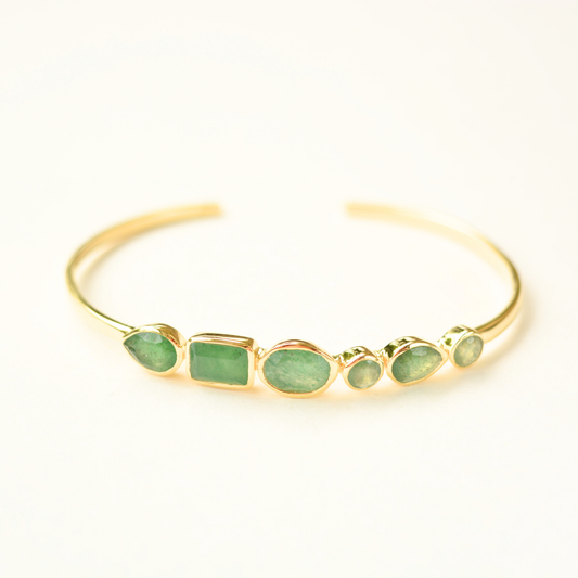 Adjustable green aventurine cuff bracelet in 925 silver with multi-cut stones