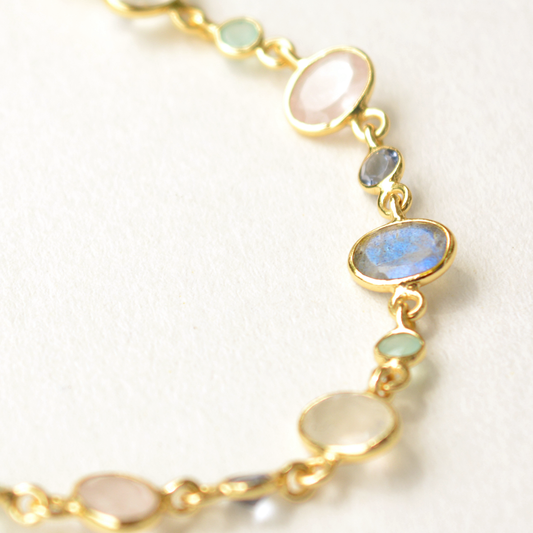 Pastel gemstone bracelet in 925 silver with labradorite, iolite, aqua chalcedony, moonstone & rose quartz