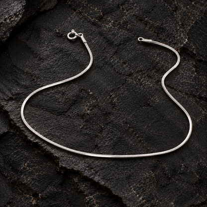 Silver snake chain anklet on a dark textured rock surface