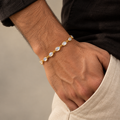 925 sterling silver Rainbow Moonstone Bracelet with natural faceted rainbow moonstone in open bezel setting worn on a man's wrist.
