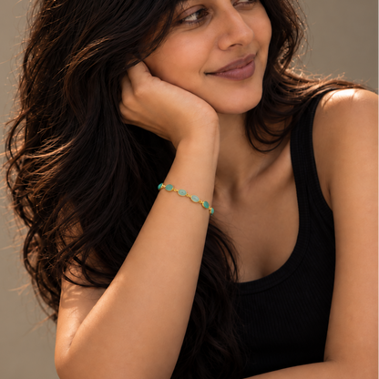 Beryl Emerald Bracelet in 925 sterling silver with natural faceted green beryl emerald gemstones worn on a woman's wrist.