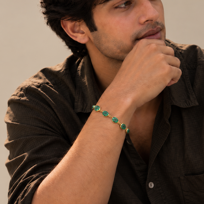 Man wearing 925 Silver Adjustable Emerald Bracelet with Natural Beryl Emerald and 18K Gold Plating