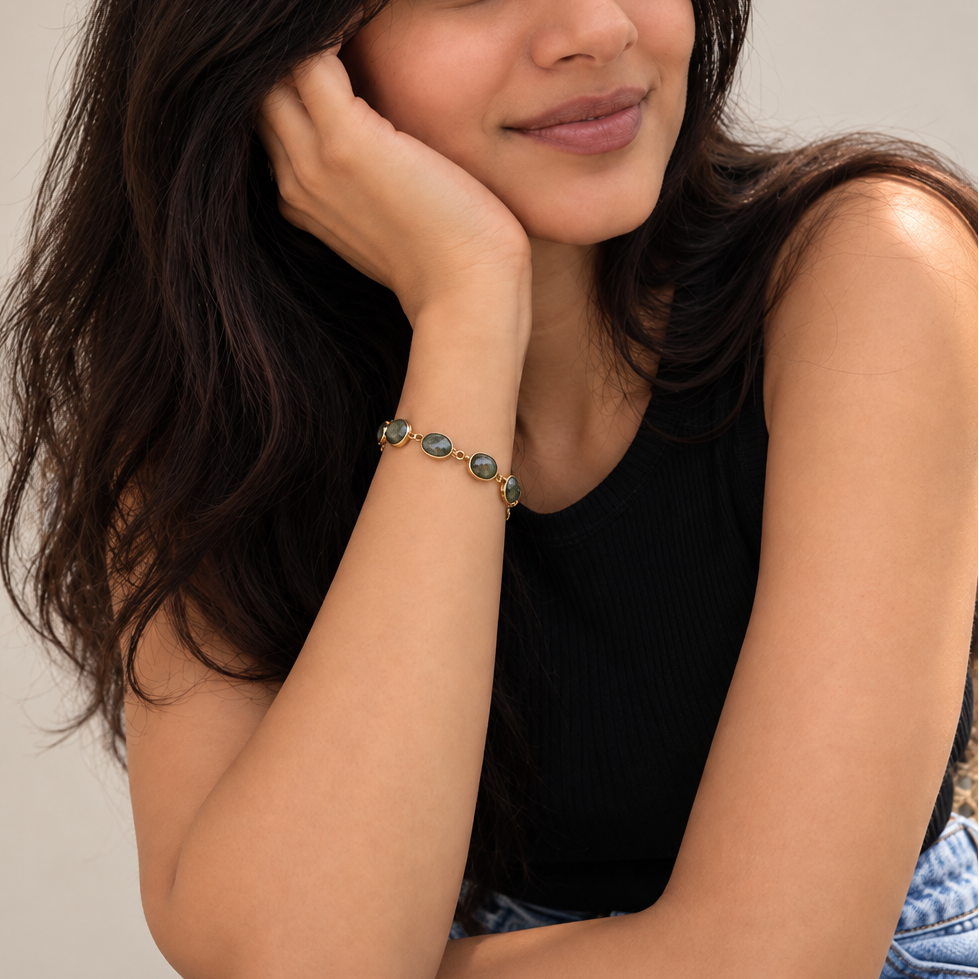 Woman wearing Labradorite Bracelet in 925 Silver with 18K Gold Plating and Natural Labradorite Stones