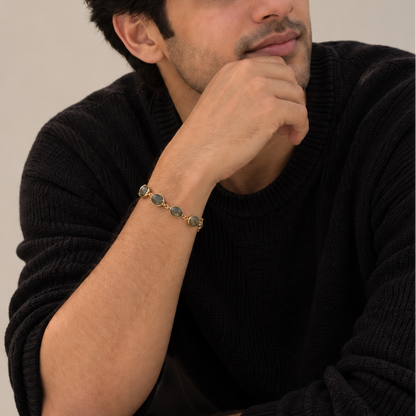 Man wearing Labradorite Bracelet – 925 Silver & 18K Gold Plated with Natural Labradorite