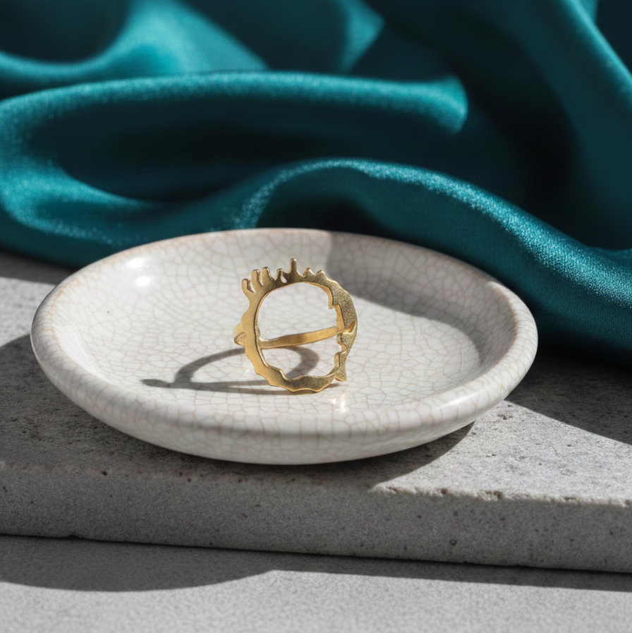 Yellow gold plated drip design ring displayed on a ceramic dish with teal fabric background.