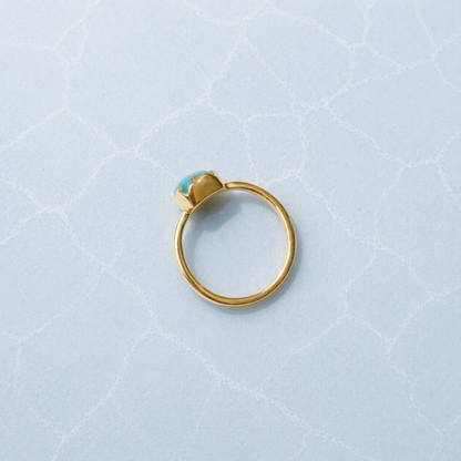 Side profile of the handcrafted Earth Harmony Ring in 18kt gold-plated 925 sterling silver, showing the polished minimal band and bezel-set copper turquoise.