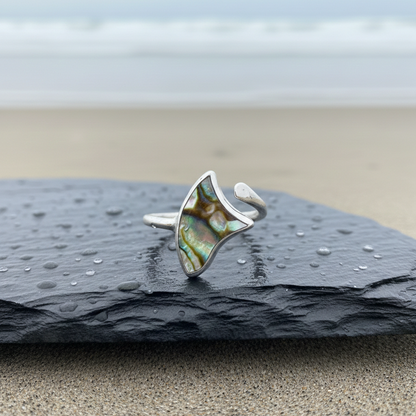 Ethereal Adjustable Knuckle Ring – Silver Plated ring featuring an iridescent abalone-style inlay, displayed on a wet slate stone with a soft ocean background.
