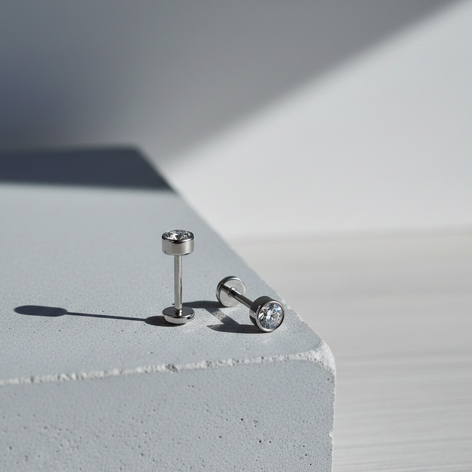 Minimal silver flat back stud earring with round clear gemstone displayed on a concrete block in soft natural light.