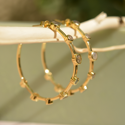 Side-angle view of the Moonspell Layers hoop-style earrings showcasing eight bezel-set round labradorite stones per piece.