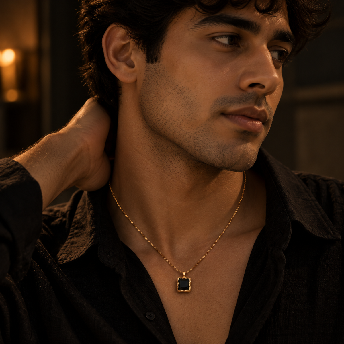 Man wearing Onyx Square Pendant with Black Onyx Stone in 925 Sterling Silver and 18K Gold Plating