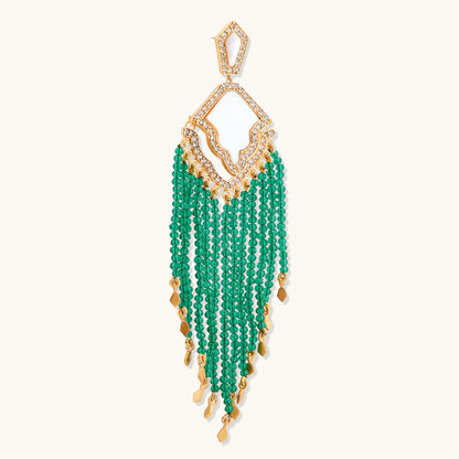 Full view of an elaborate gold-toned tassel earring featuring a geometric  pearl and cubic zirconia accents top piece with multiple strands of emerald green beads.