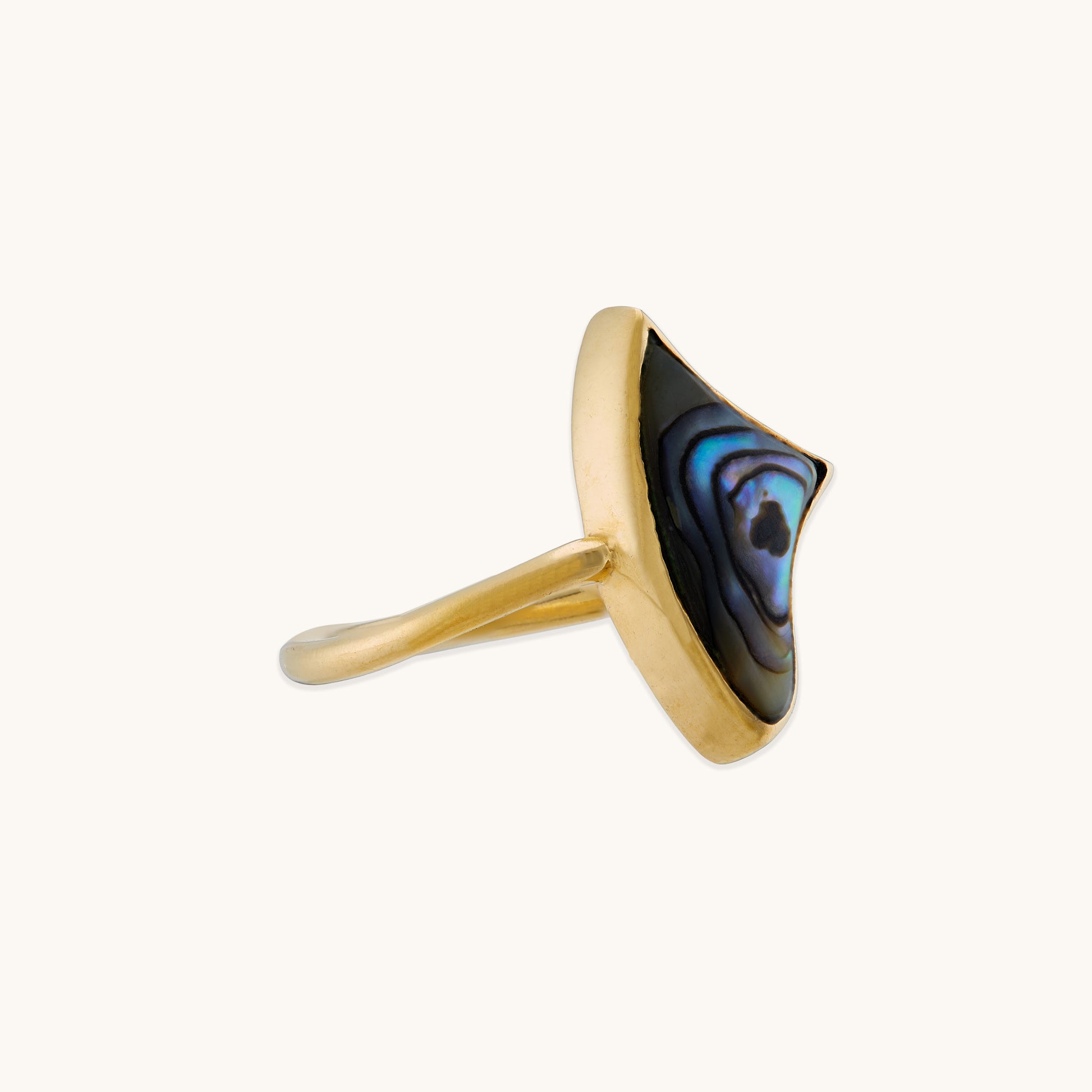 Side profile of an adjustable gold ring showing the sleek band and the secure bezel setting of the curved shell gemstone.