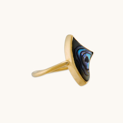 Side profile of an adjustable gold ring showing the sleek band and the secure bezel setting of the curved shell gemstone.