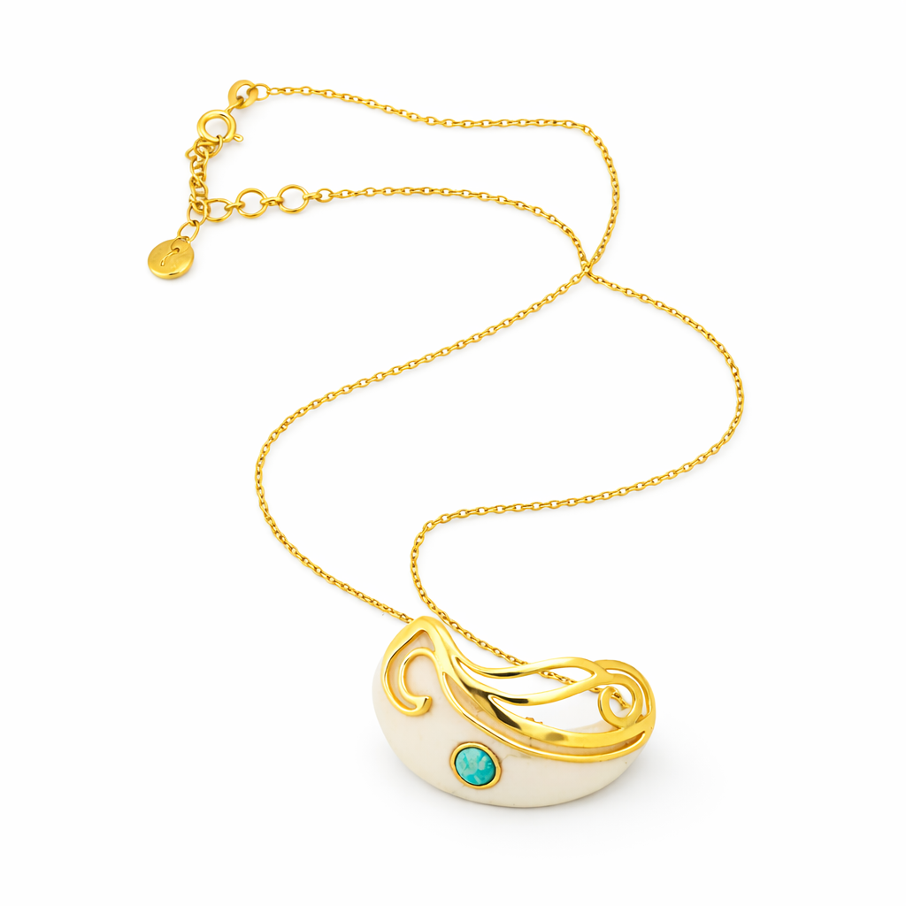 Full view of the Mystic Turquoise Necklace with the gold chain extended to show the adjustable length and branded gold tag.