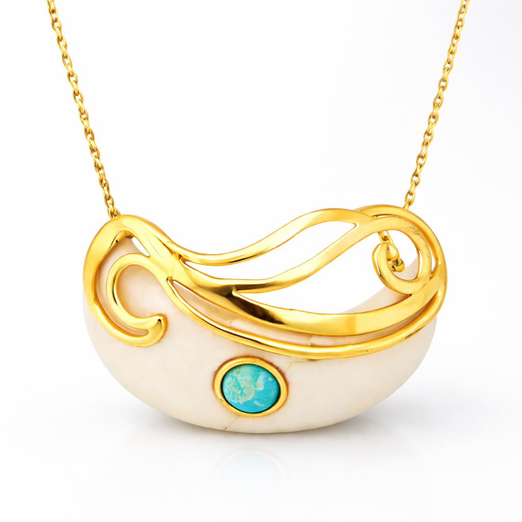 Close-up of the Mystic Turquoise Necklace featuring a crescent-shaped white stone base with a gold swirling overlay and a central turquoise gemstone.