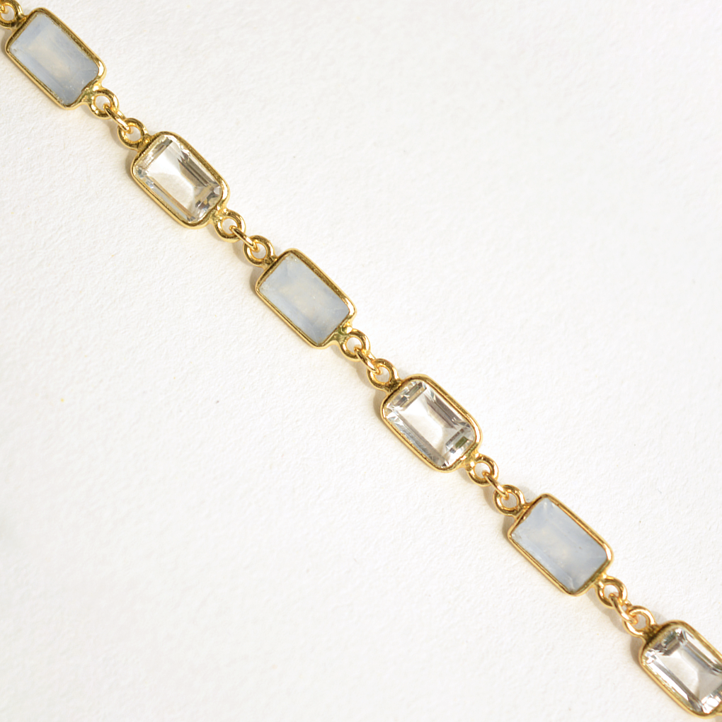 Close-up of a delicate gold-plated bracelet with polished rectangular gemstones.