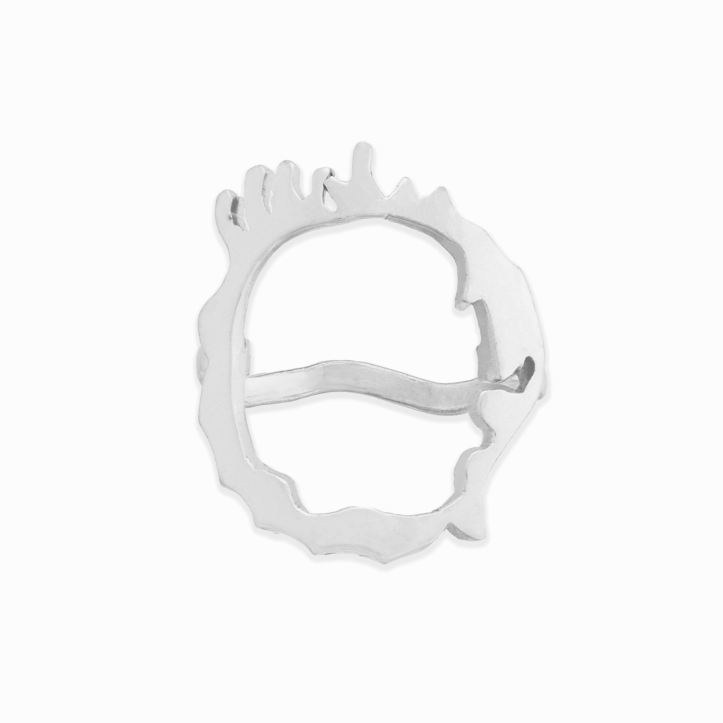 A silver-plated Drip Ring with a high-polish finish, featuring a unique molten liquid metal design.