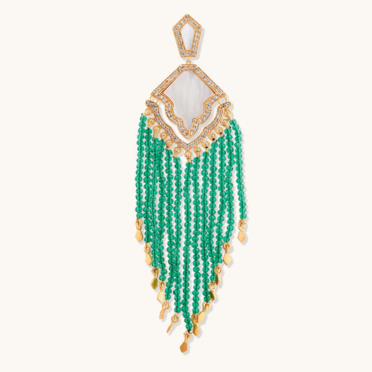 Ornate drop earring with a pearl centerpiece and  cubic zirconia accents, featuring long, tiered strands of vibrant green beaded fringe.