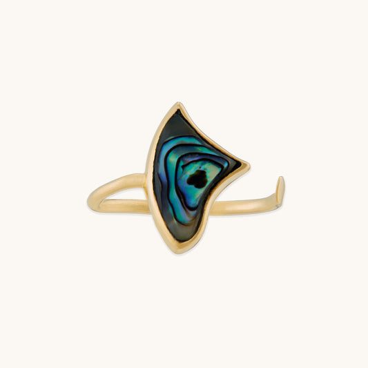 Front-facing shot of a gold-finish ring featuring a triangular, wing-shaped abalone shell with vibrant blue and green swirls.