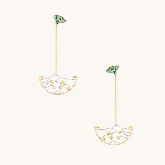 Long gold shoulder duster earrings featuring a shell-shaped abalone inlay and a large semi-circle filigree drop with gold leaf accents.