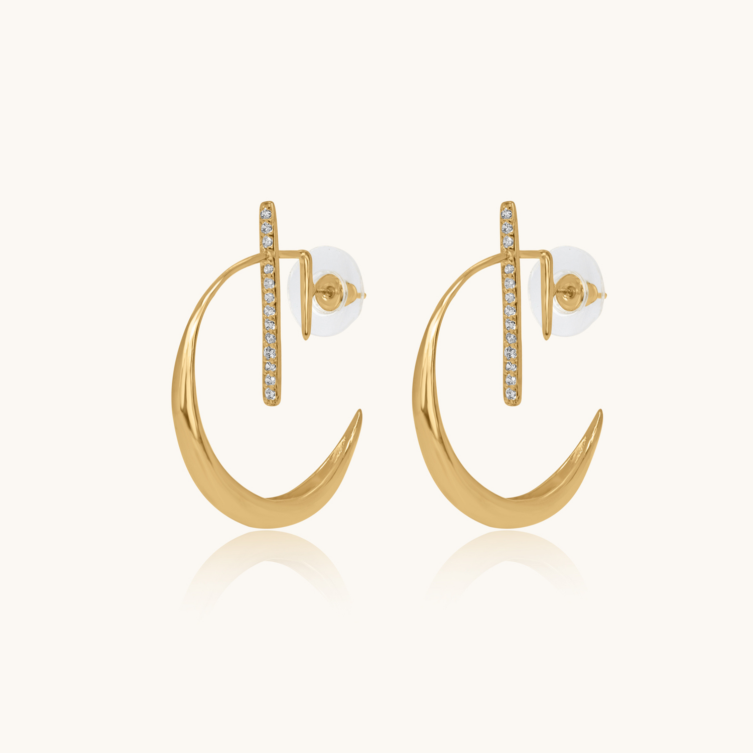 Pair of La Luna Yellow Gold Earrings shown front-facing  showcasing the polished crescent shape and stone-set vertical post.