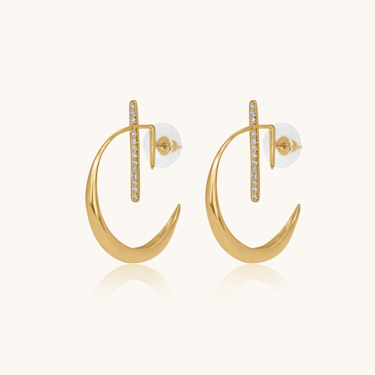Pair of La Luna Yellow Gold Earrings shown front-facing  showcasing the polished crescent shape and stone-set vertical post.