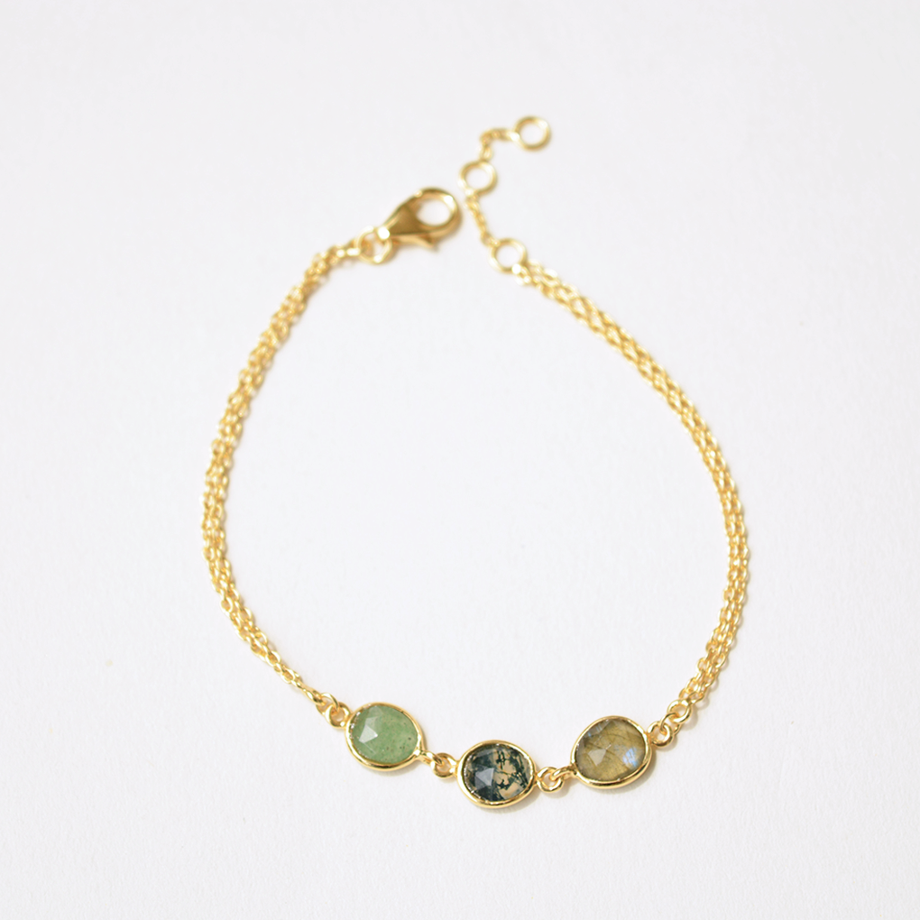Layered chain bracelet featuring faceted green aventurine, moss agate, and labradorite stones on white.