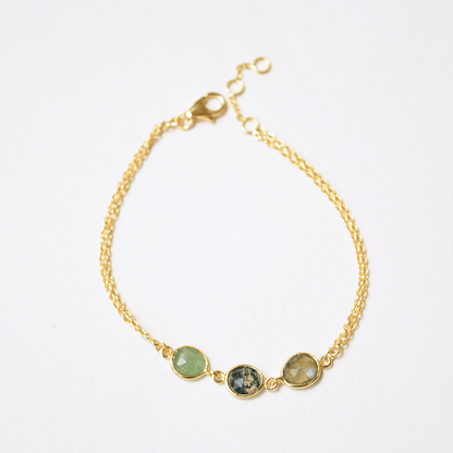 Layered chain bracelet featuring faceted green aventurine, moss agate, and labradorite stones on white.