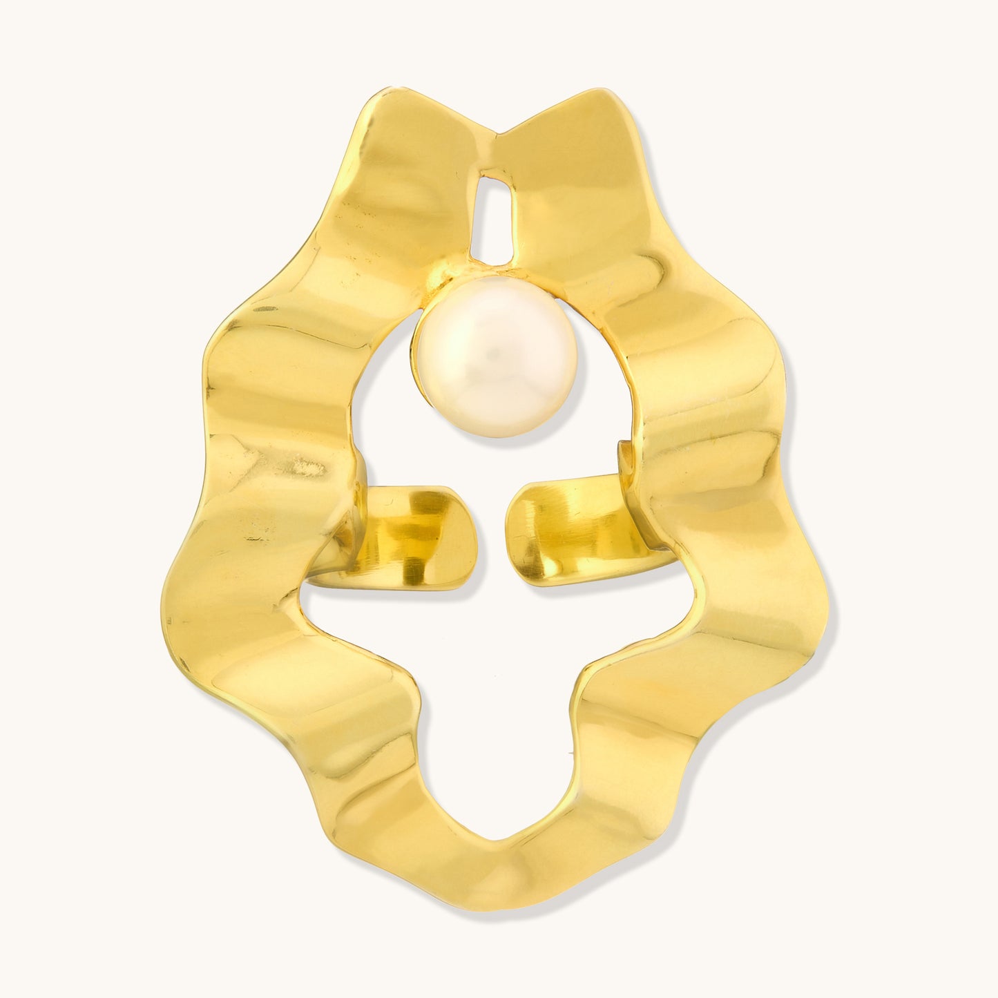 A front-facing studio view of an irregular, wavy gold band with a centered round pearl.