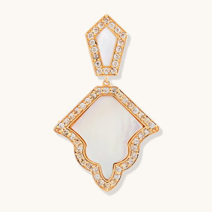 Elegant drop earring featuring a geometric mother of pearl inlay surrounded by a delicate border of sparkling pavé stones, set in a gold-toned frame.