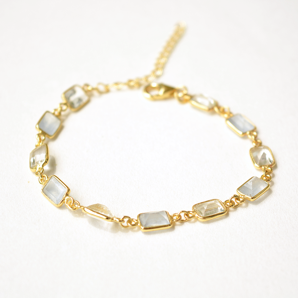 Gold-plated silver chain bracelet featuring rectangular-cut chalcedony and clear quartz gemstones.