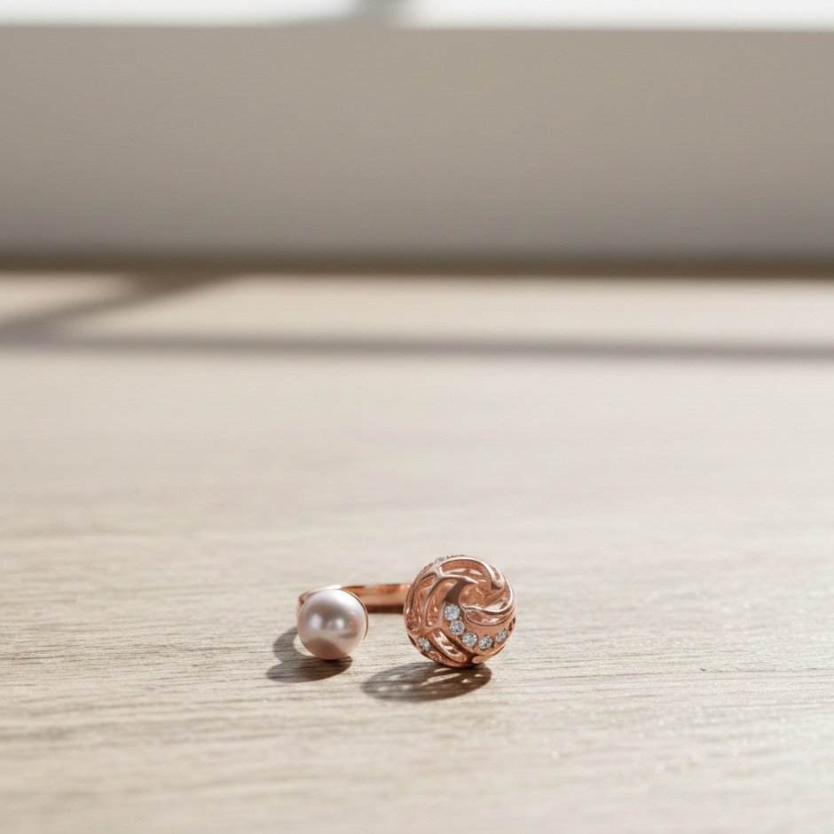 Rolling Pearl Ring Rose Gold featuring an open band design with a luminous pearl on one end and a swirl disc accented with small crystals, displayed on a light wooden surface in soft natural light.