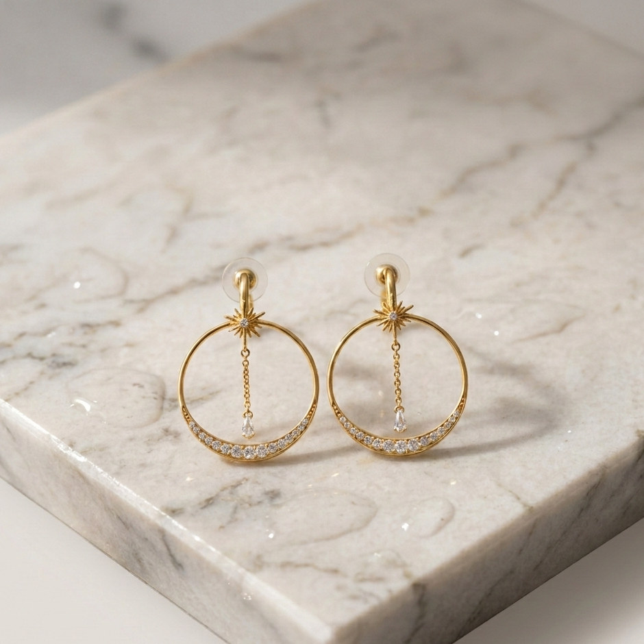 Shooting Star Double Hoop gold earrings displayed on a marble slab, featuring starburst studs, dangling crystal drops, and pavé-set stones along the lower hoop.