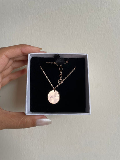 Customizable engraving area on back of Lily Medallion necklace – personalized gift idea