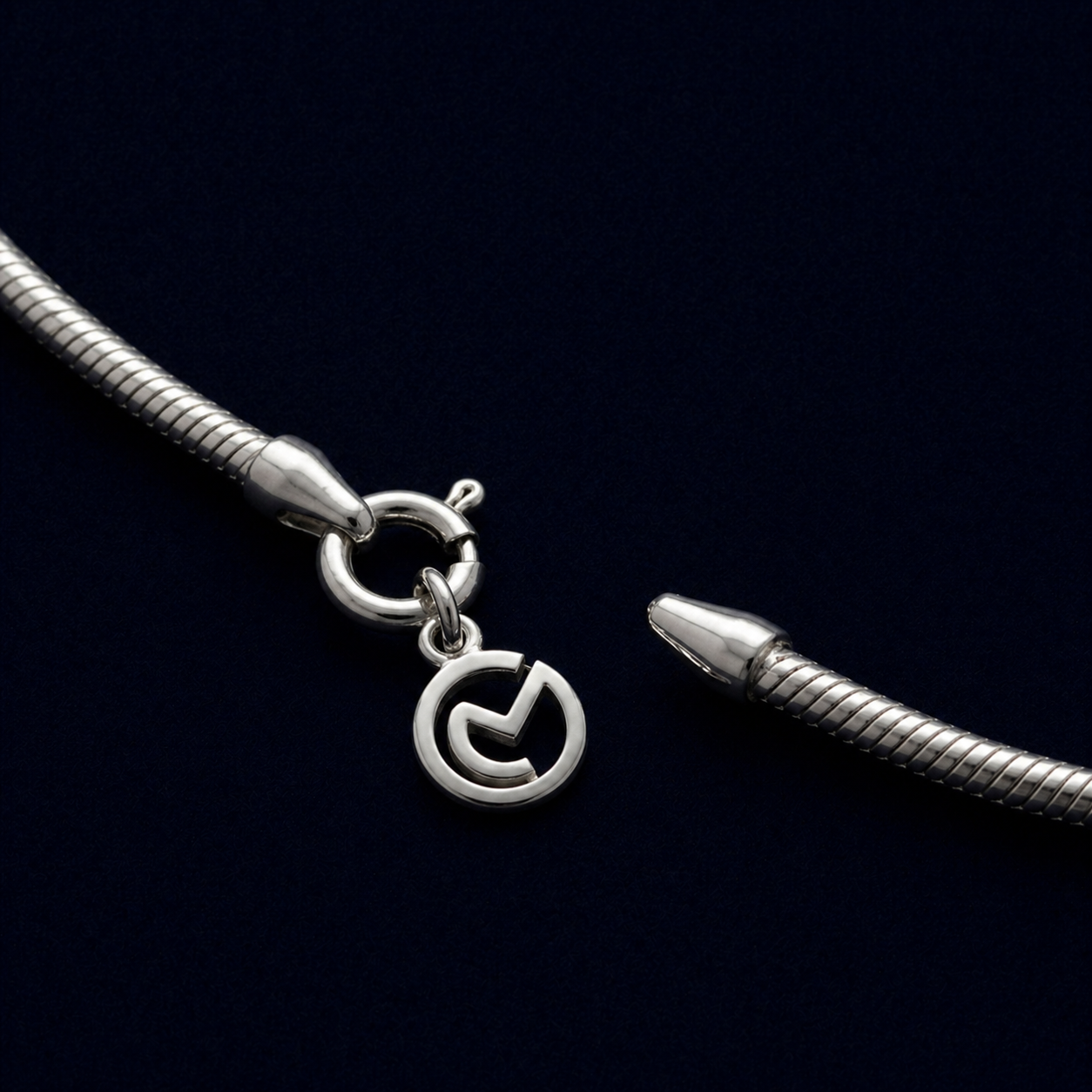 Detailed close-up of a 925 sterling silver snake chain anklet showing the secure lobster clasp and a circular polished logo charm against a dark background.
