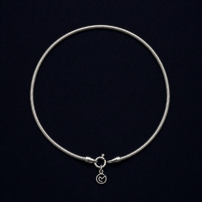 Full circular view of the Bare Shine 925 sterling silver snake chain anklet, featuring a sleek and fluid handcrafted design with a flat polished finish.