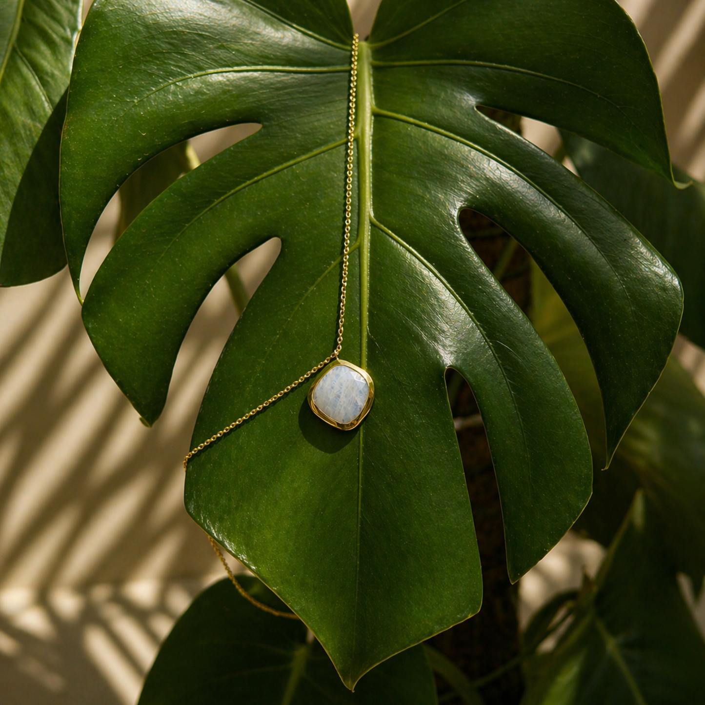 A handcrafted 18kt gold plated Earthy Glow necklace featuring an organic square cappuccino moonstone, displayed against a vibrant green monstera leaf.