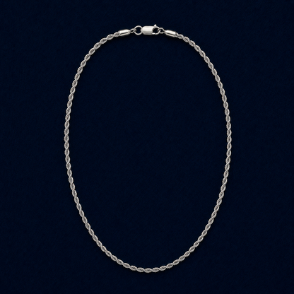 A full studio shot of the handcrafted Easy Everyday Elegance necklace in 925 sterling silver, featuring a classic twisted rope chain design on a dark navy background.