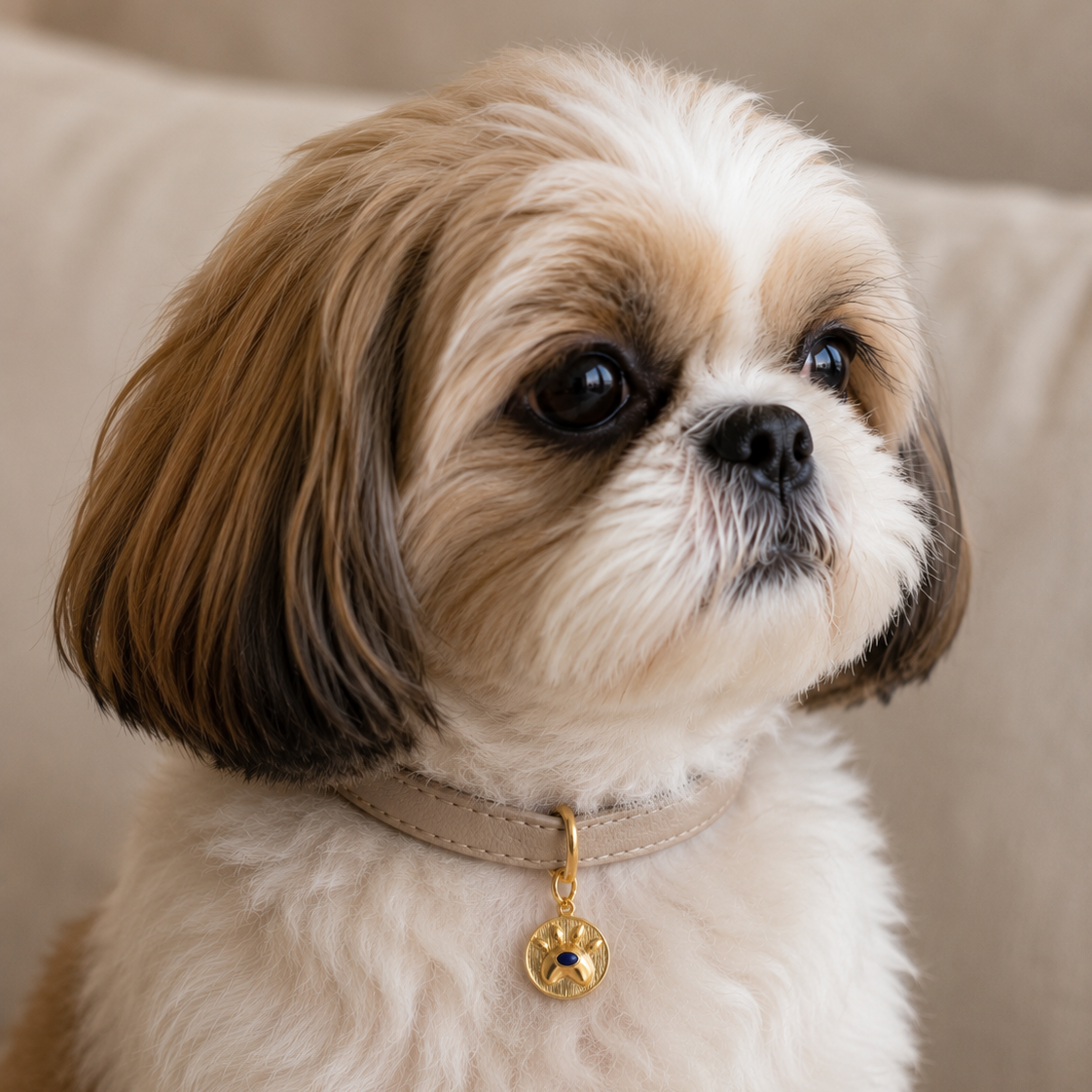 A small fluffy dog with cream and tan fur wearing a beige collar with a gold circular tag, sitting on a soft beige couch.