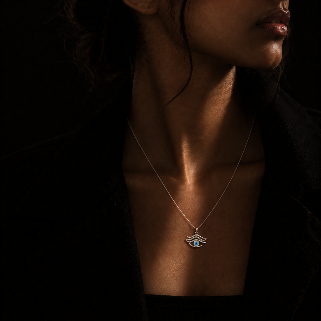 A woman in a black blazer wearing a delicate silver necklace with an evil eye pendant, captured in dramatic low-key lighting against a dark background.