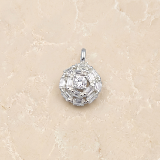 Frontal view of the Soft Sparkle pendant featuring a flower-shaped cluster of brilliant cubic zirconia stones set in polished 925 sterling silver.