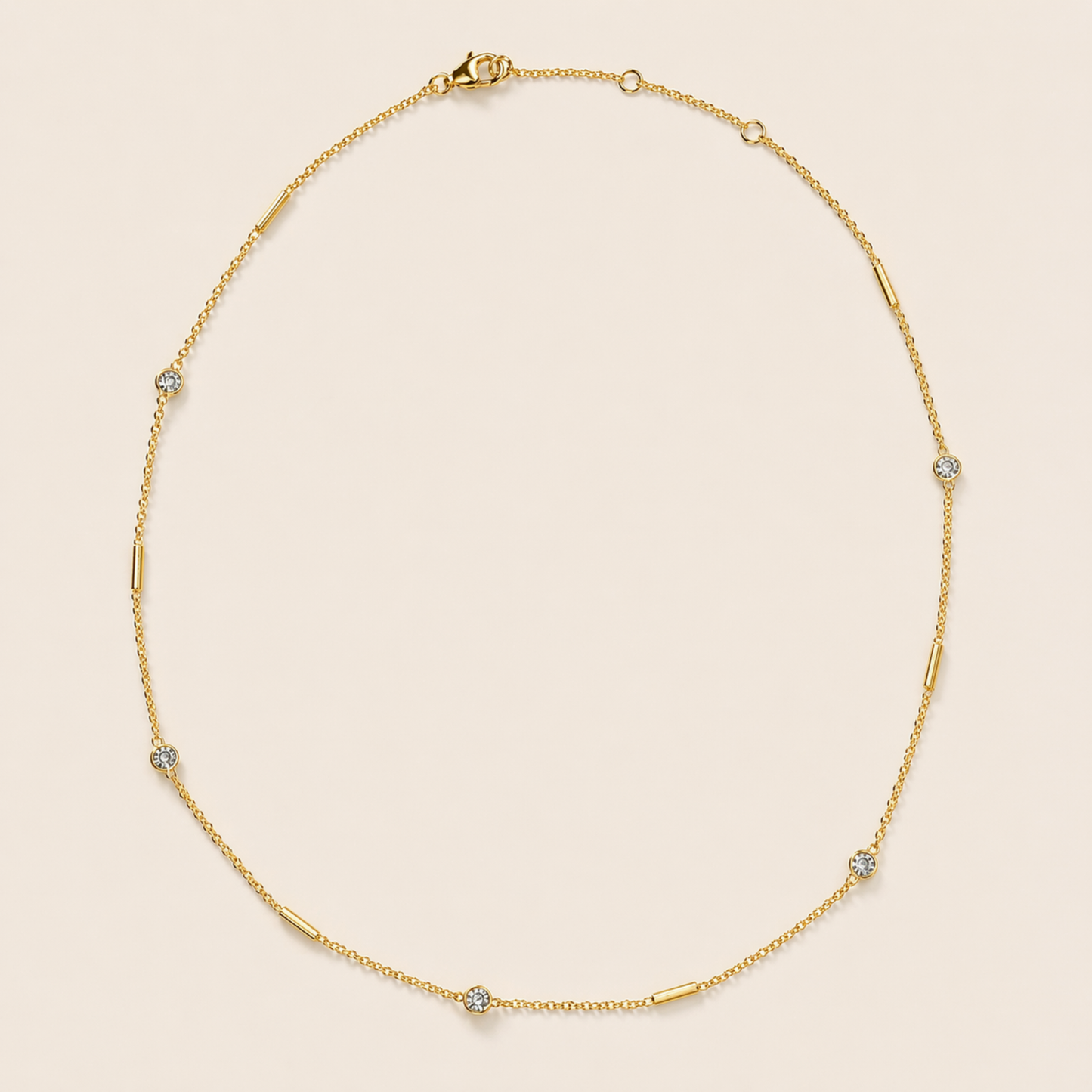 A full studio shot of the Fresh Glow Necklace on a neutral background, displaying the linear stone and bar design with the adjustable lobster clasp closure.